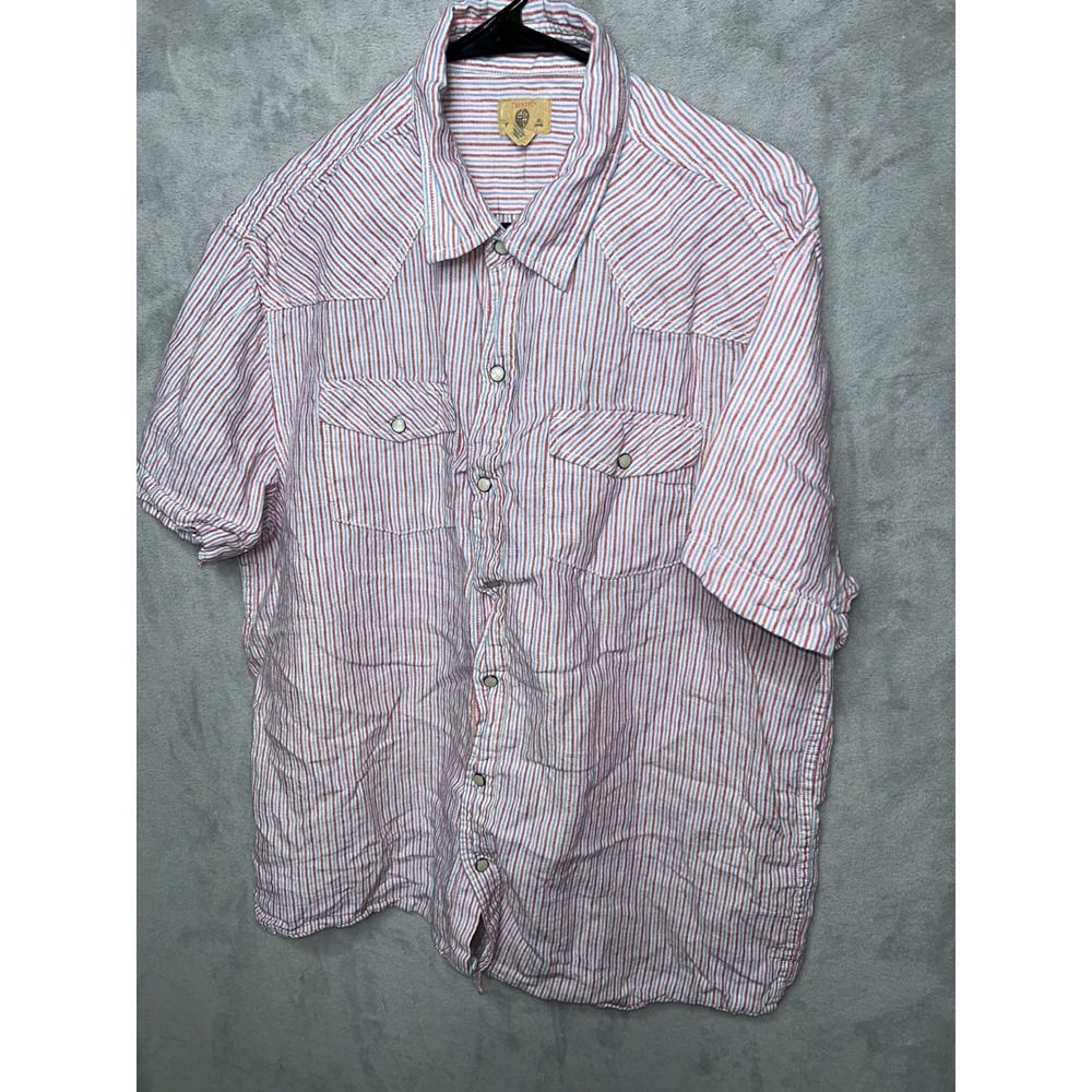Trevero Western Shirt Men Xl  100% Linen Vertical Stripes Short Sleeve Snap